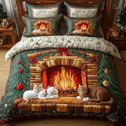 Cats by Fireplace 3-Piece Quilted Bedding Set GFTOTP1001