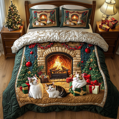 Cats by Fireplace 3-Piece Quilted Bedding Set GFTOTP1004