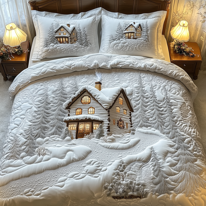 Elegant White Christmas Cabin 3-Piece Quilted Bedding Set GFTOTP1038