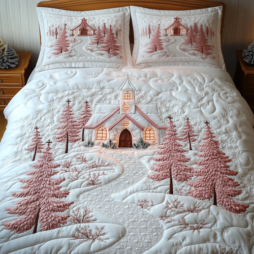 Elegant White Christmas Cabin 3-Piece Quilted Bedding Set GFTOTP1043