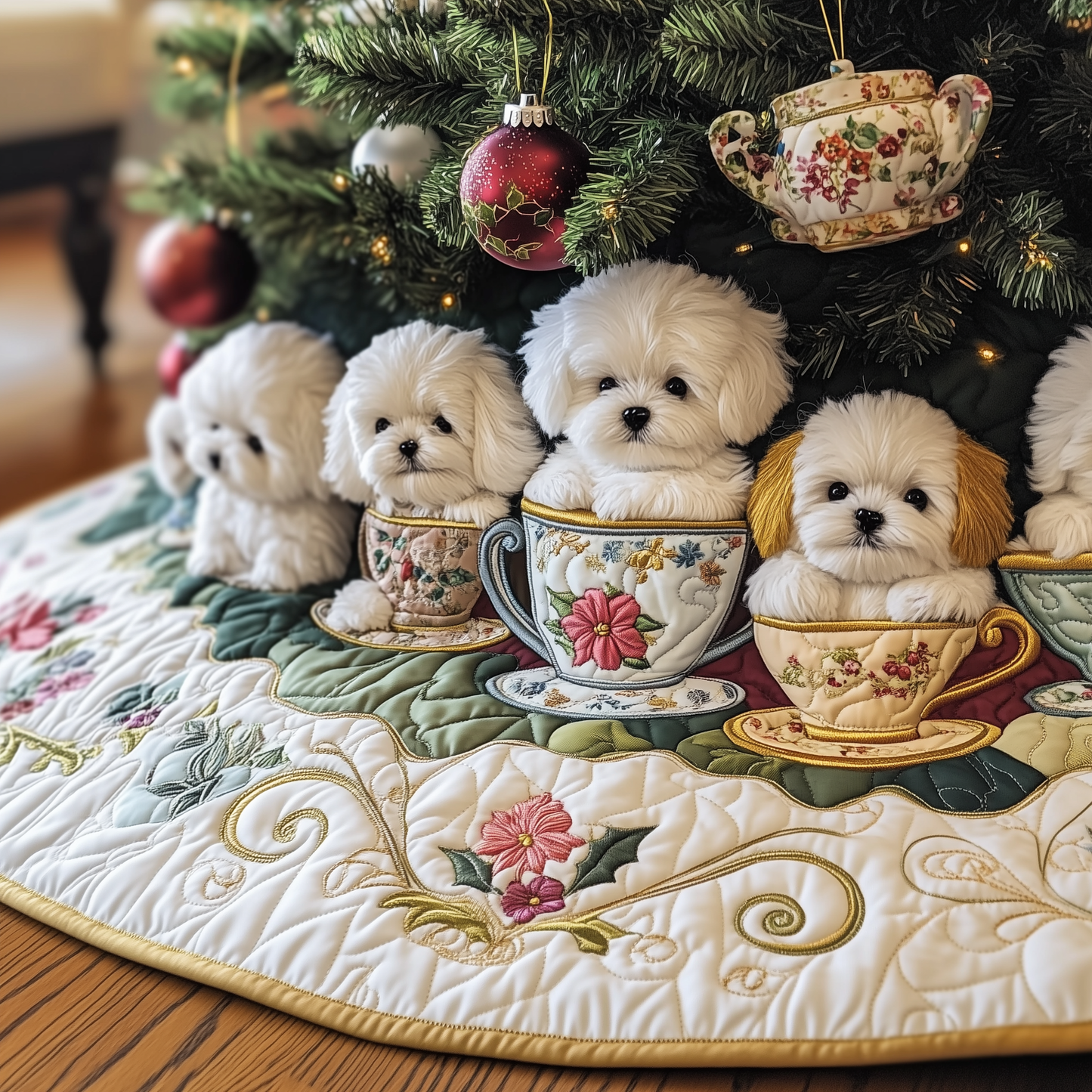 Vintage Bichon Frise in Teacup Quilted Tree Skirt GFTOTP1089