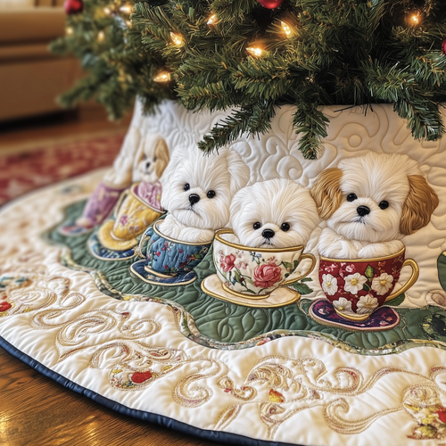 Vintage Bichon Frise in Teacup Quilted Tree Skirt GFTOTP1090