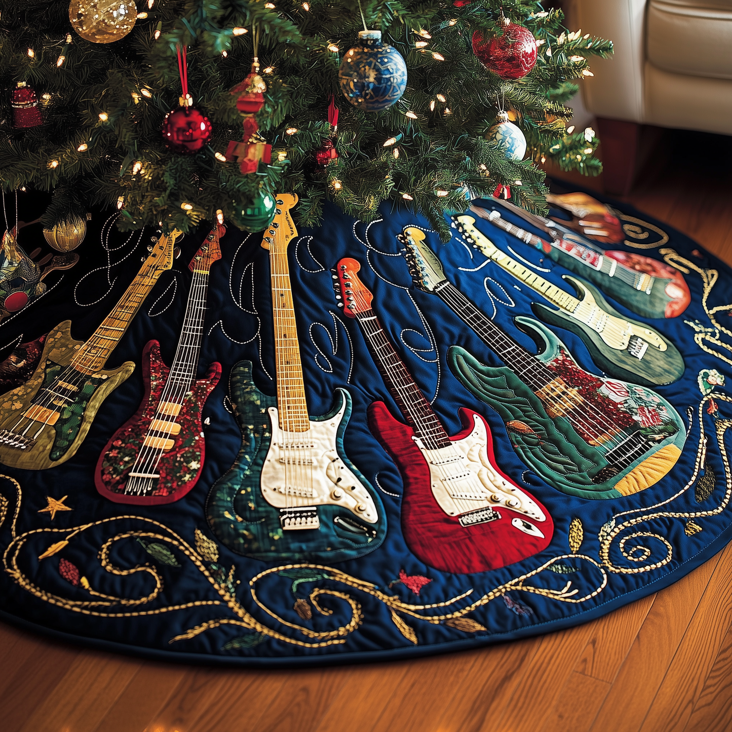 Christmas Swirl Guitar Quilted Tree Skirt GFTOTP139