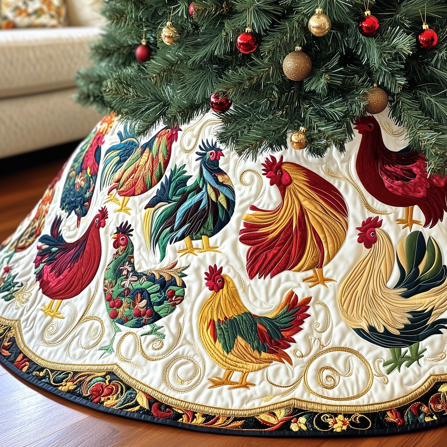 Festive Chicken Quilted Tree Skirt GFTOTP213