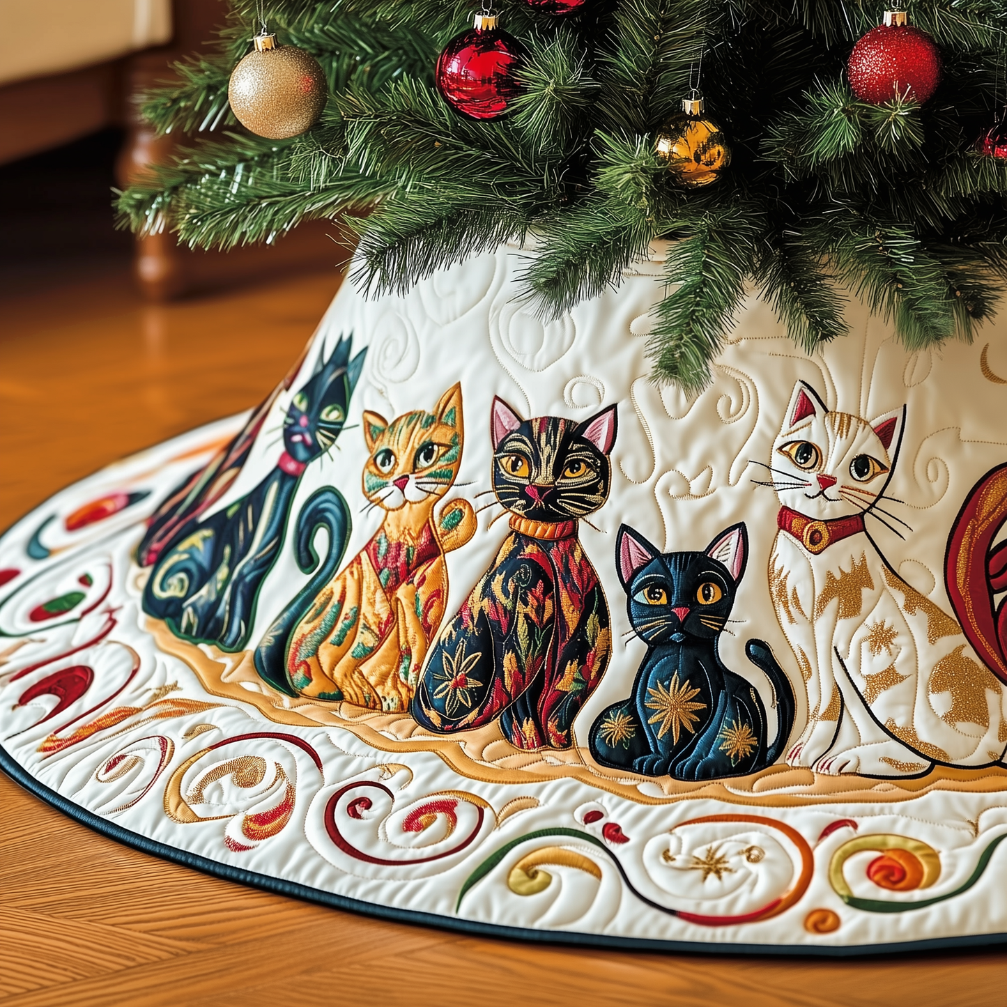 Festive Folk Art Cat Quilted Tree Skirt GFTOTP347