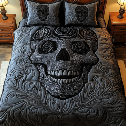 Black Rose Skull 3-Piece Quilted Bedding Set GFTOTP529