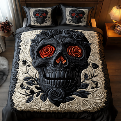 Black Rose Skull 3-Piece Quilted Bedding Set GFTOTP530