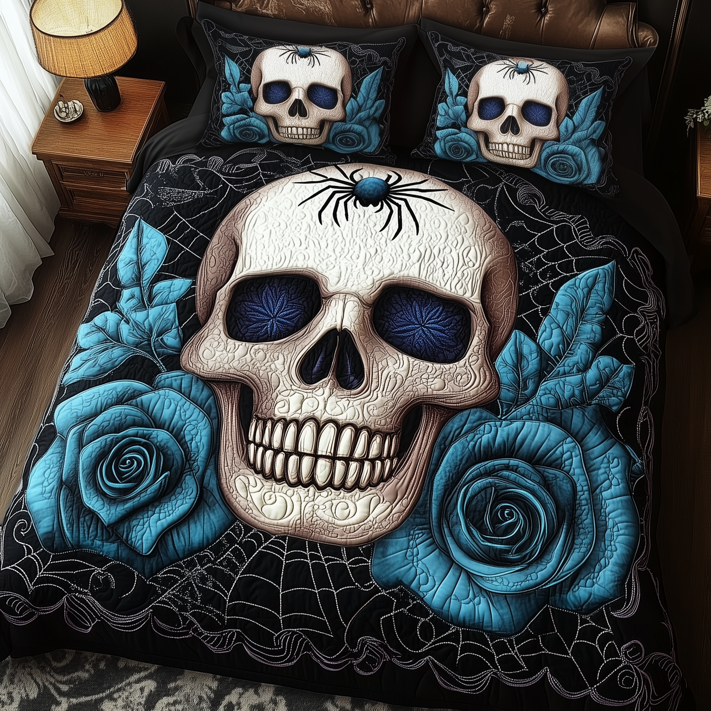 Blue Rose Skull 3-Piece Quilted Bedding Set GFTOTP532