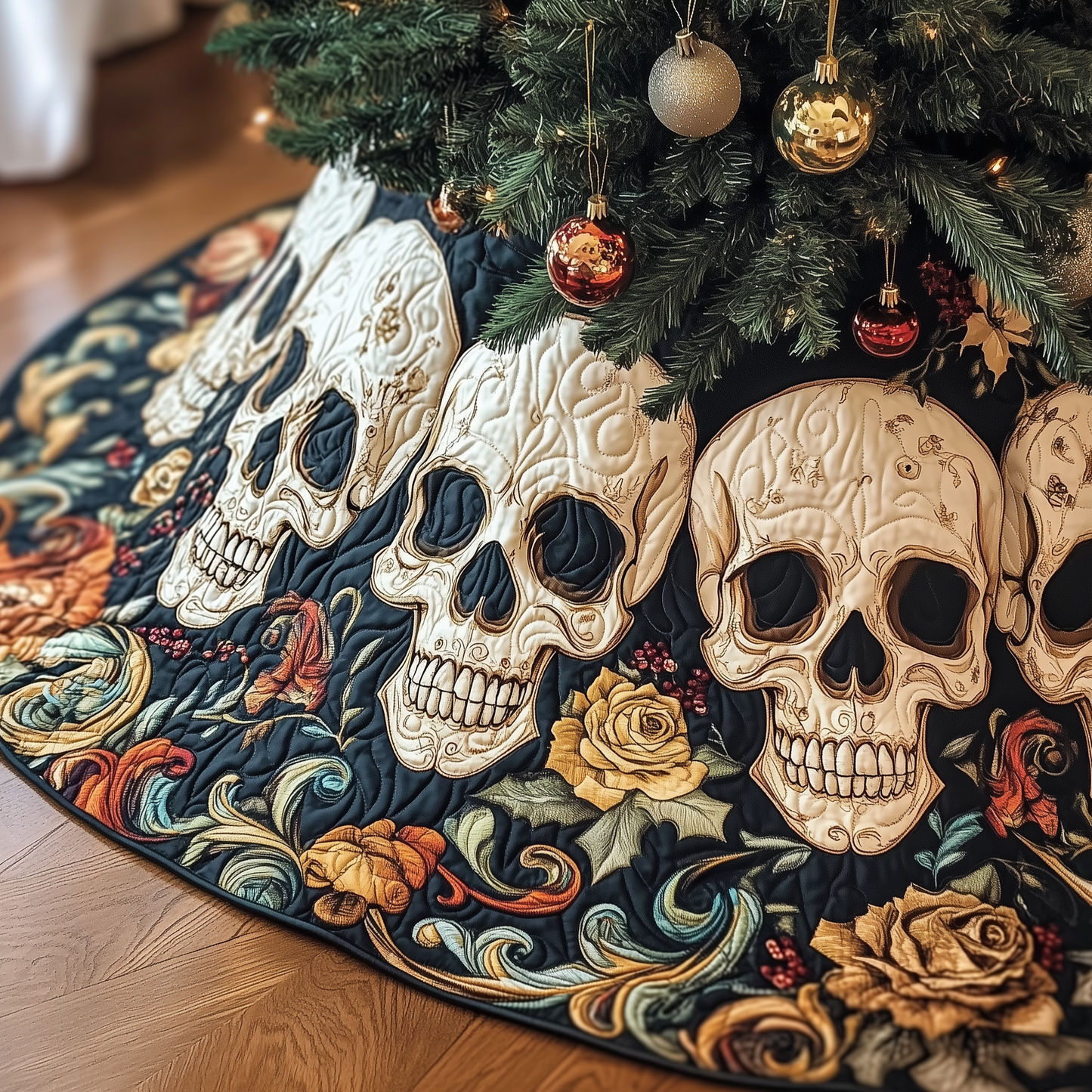 Vintage Floral Skull Quilted Tree Skirt GFTOTP784