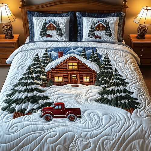 Festive Snowy Log Cabin 3-Piece Quilted Bedding Set GFTOTP828