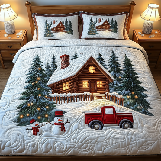 Festive Snowy Log Cabin 3-Piece Quilted Bedding Set GFTOTP829