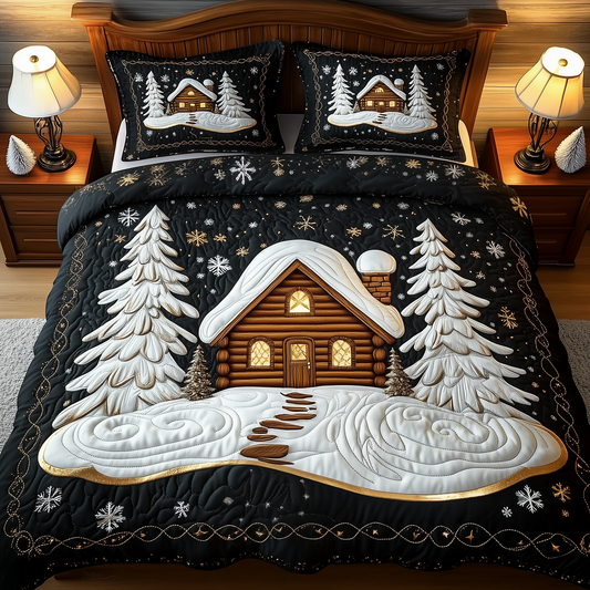 Festive Snowy Log Cabin 3-Piece Quilted Bedding Set GFTOTP831