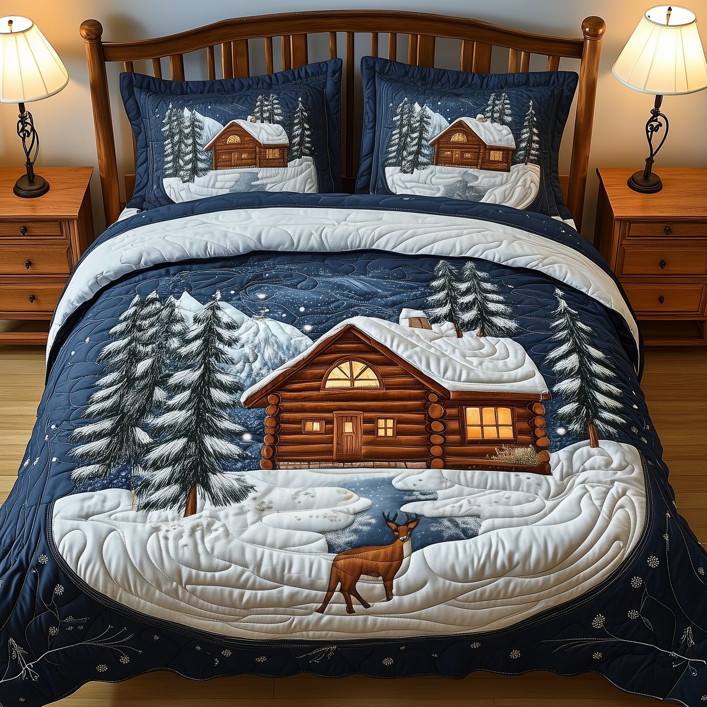 Festive Snowy Log Cabin 3-Piece Quilted Bedding Set GFTOTP833