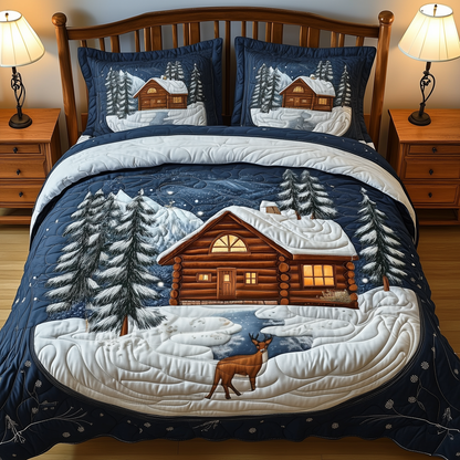 Festive Snowy Log Cabin 3-Piece Quilted Bedding Set GFTOTP833