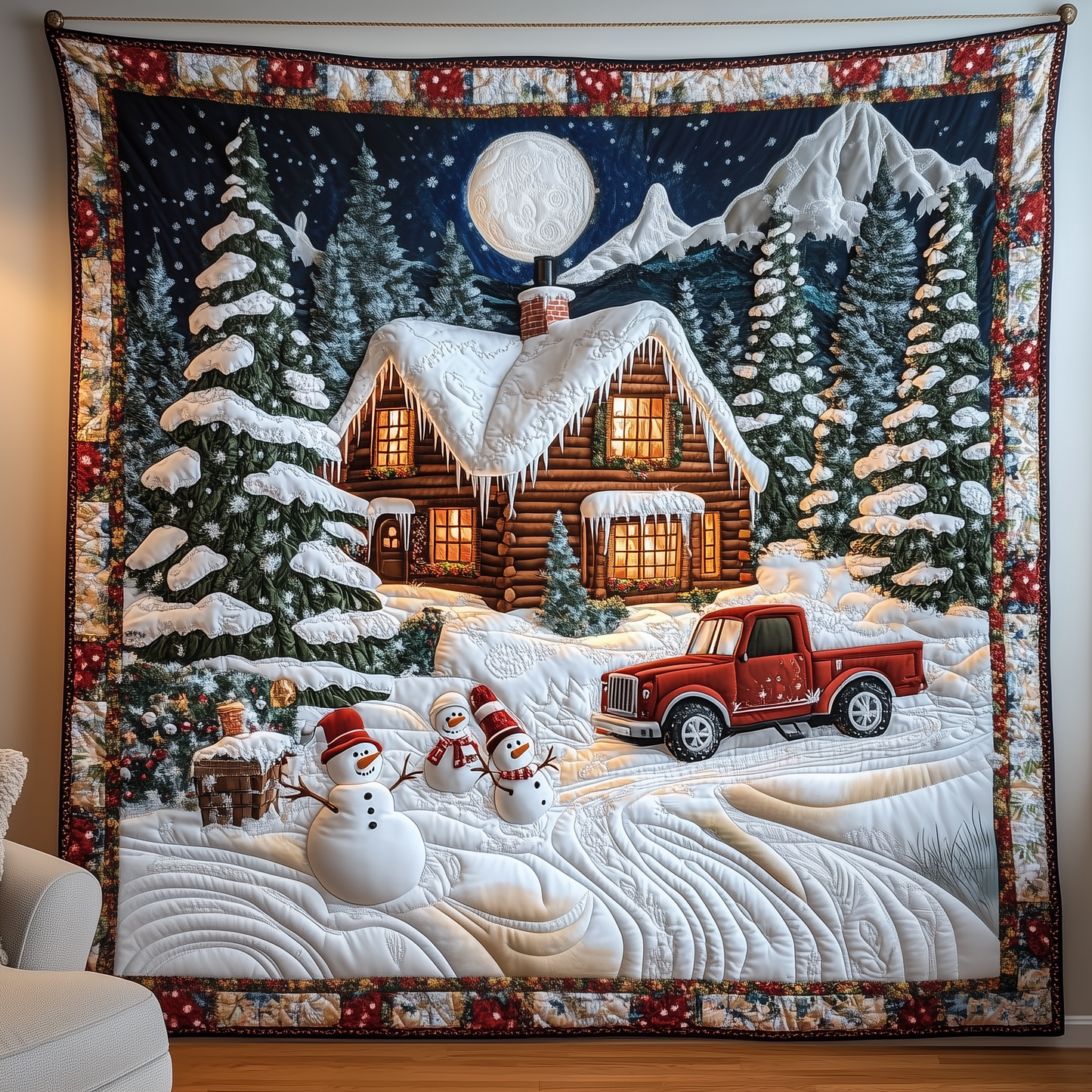 Festive Snowy Log Cabin Quilted Blanket GFTOTP845