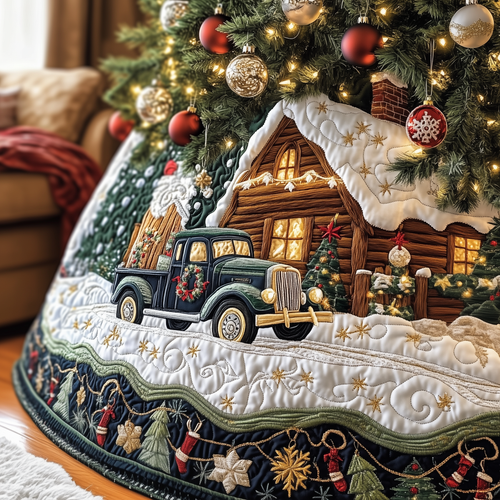 Vintage Snowy Cabin Quilted Tree Skirt GFTOTP963