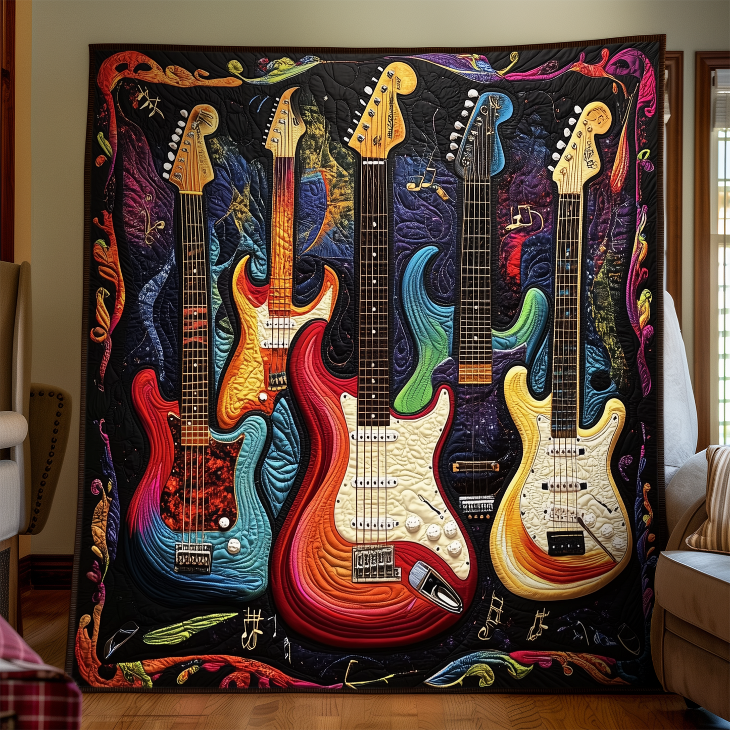 Guitar Feather Quilted Blanket UGDRSTL078